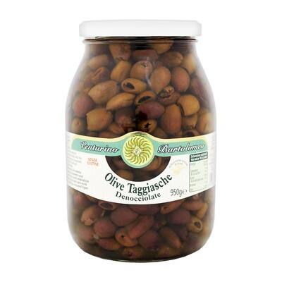 Kivettömät Oliivit Taggiasca Ekstra- Neitsytoliiviöljyssä | Taggiasca Pitted Olives in EVOO | VENTURINO | 950 g