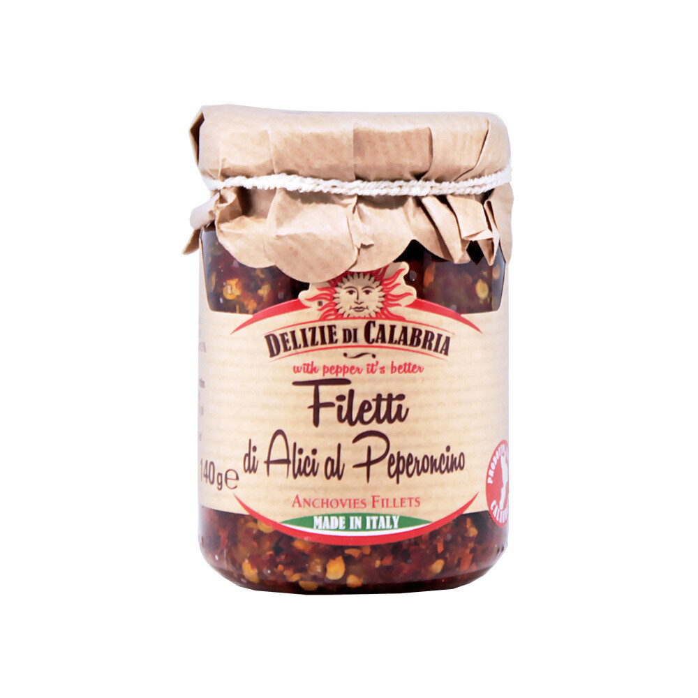 Anjovisfileet Oliiviöljyssä ja Peperoncino-pippuri | Anchovies Fillets With Hot Peppers | DELIZIE DI CALABRIA | 140 g