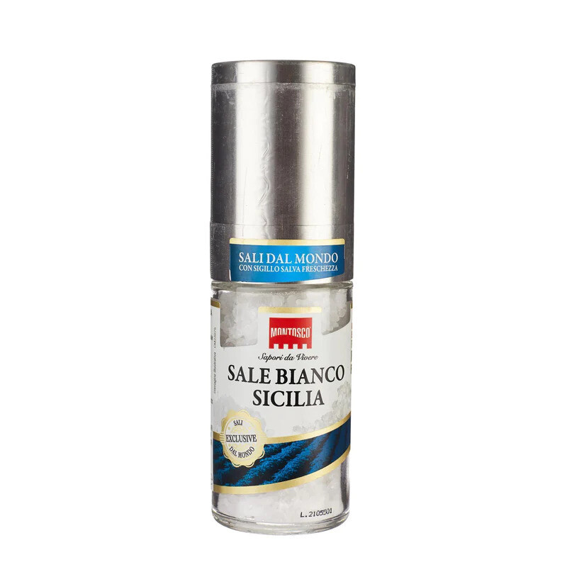 Sisilialainen valkoinen suola, ladattava mylly | Sicilian Salt in Rechargeable Mill | MONTOSCO | 90g