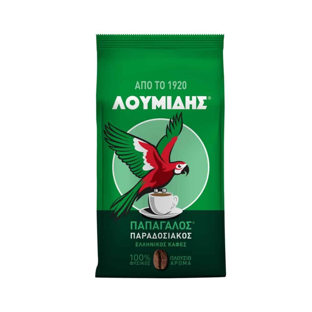 Kreikkalainen jauhettu kahvi PAPAGALOS perinteinen (vihreä pakkaus) 96g