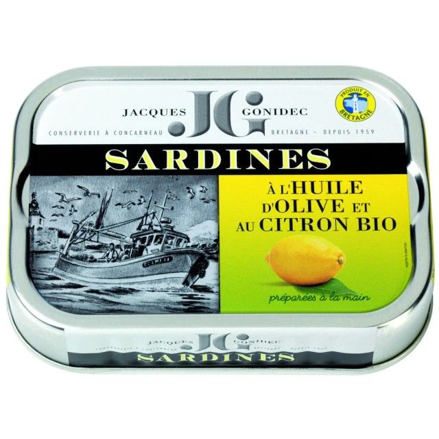 Sardiinit oliiviöljyllä ja sitruunailla | Sardines in EVOO with Organic Lemon | JACQUES GONIDEC 115 g