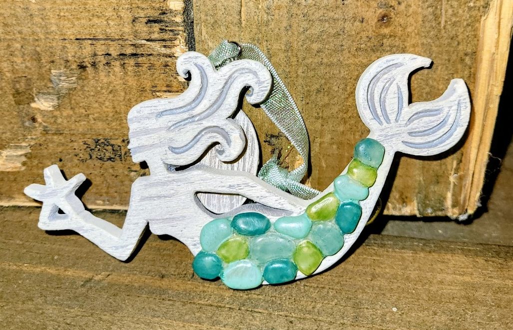 Wood and Sea Glass Mermaid Ornament