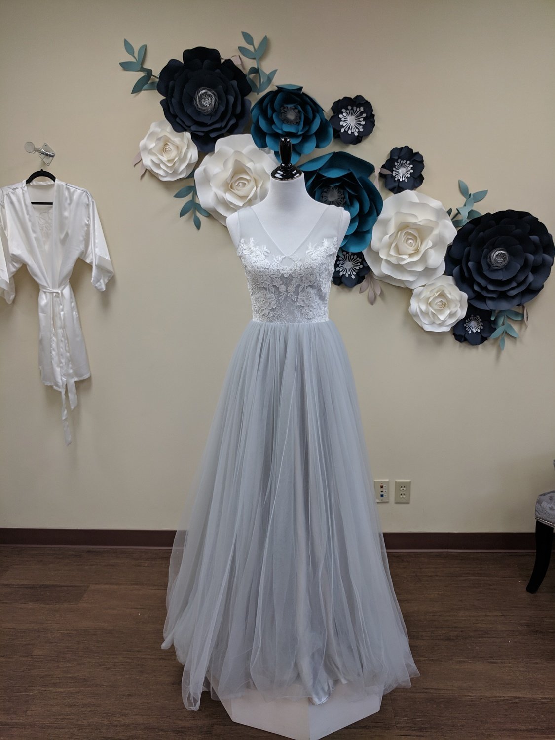 Lace Applique and Blue Tulle Gown Sample Size 6