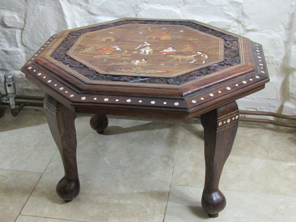 Indian marquetry octagonal low table with carved edge, RESTORED