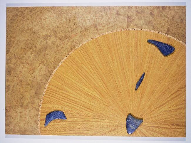 Earth I, movinguie, burr myrtle, lapis lazuli, micro diamond, pink sapphire, and topaz set in gold bezel mounts