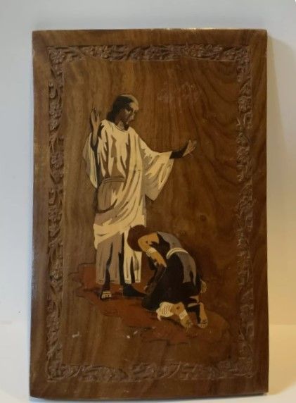 Jesus with kneeling figure marquetry into solid timber panel 200x307x10mm