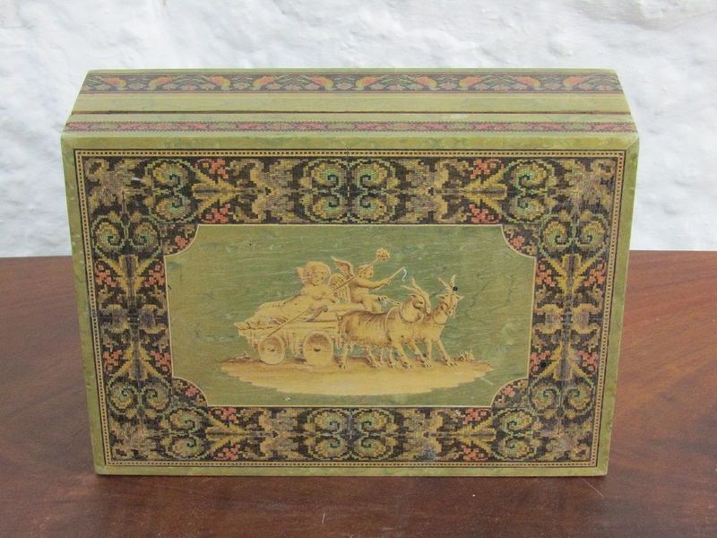 Sorrento swan and 'pigeon' micro mosaic and cherubs hauled by goats marquetry jewellery/trinket box 160x220x70mm