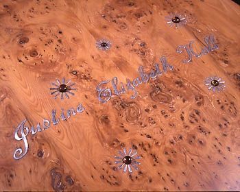 Memorial A3 photo album in burr yew tree veneer with solid silver raised inlay, amber hemispheres, silver plated hinges. COMMISSION ONLY