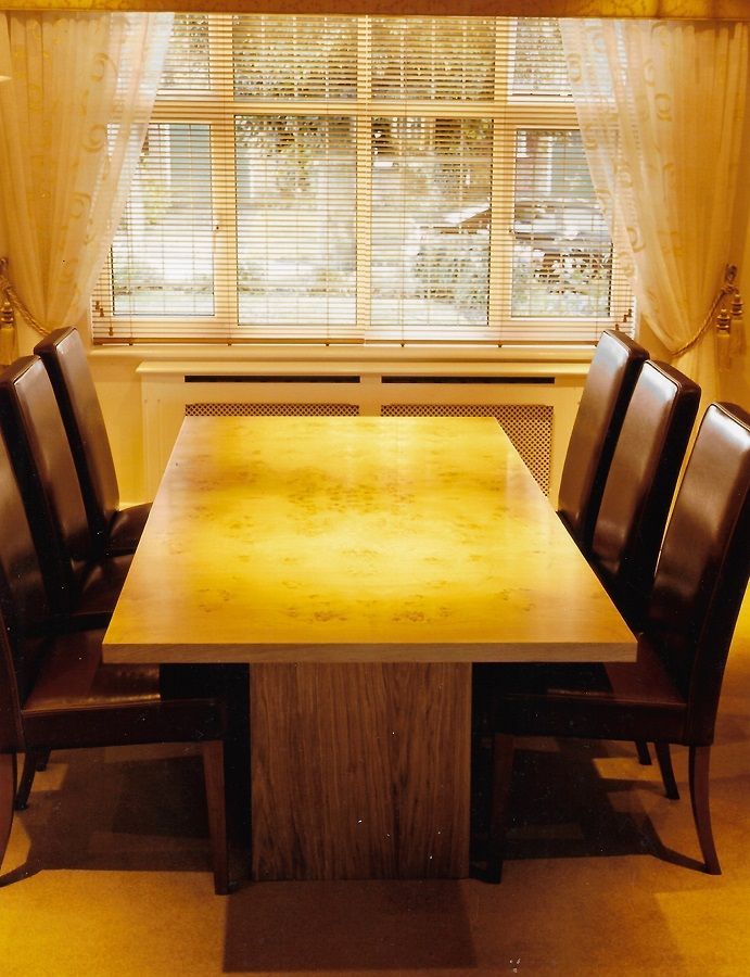 A burr oak contemporary dining table with matching sideboard and display case. COMMISSION ONLY A burr oak contemporary dining table with matching sideboard and display case. COMMISSION ONLY