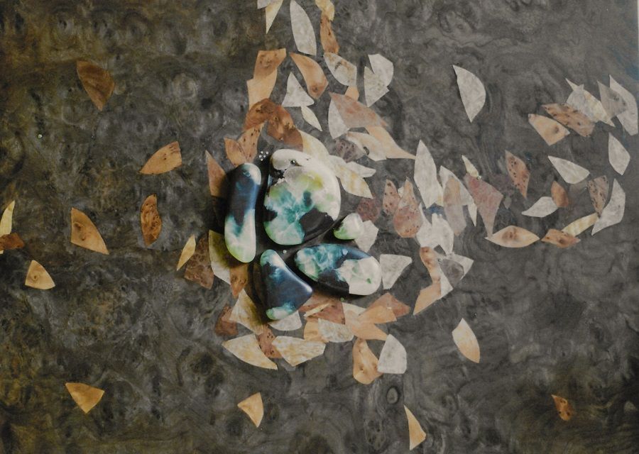 Woodland II, burr walnut and various veneers, hand cut green prehnite raised inlays, diamond and emerald set in gold bezel mounts