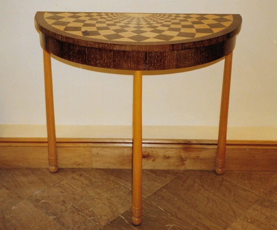 A single radial harlequin hallway/pier table, wenge, burr maple and maple legs. COMMISSION ONLY. Prices from £3500