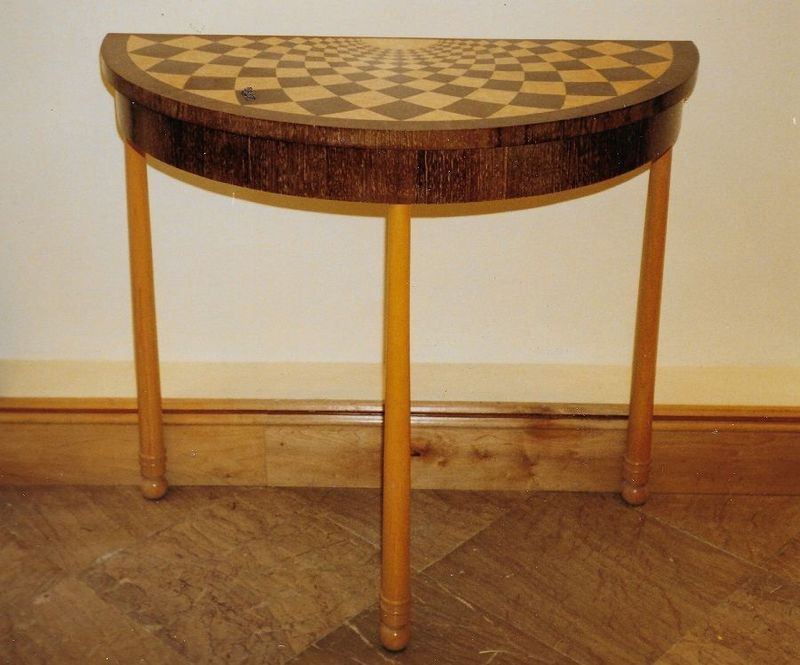 A single radial harlequin hallway/pier table, wenge, burr maple and maple legs. COMMISSION ONLY. Prices from £3500