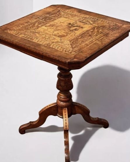 Sorrento marquetry table with marquetry horseman and parquetry border and small drawer