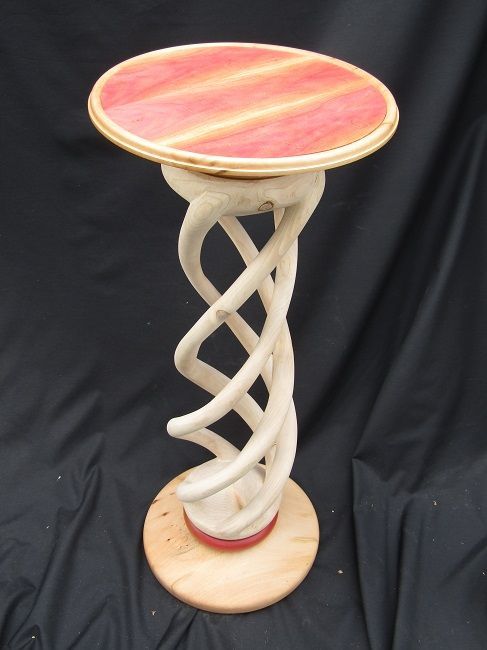 Side table with hand carved solid Cypress 4 bine hollow twist and Pink ivorywood solid inlay top and collar. COMMISSION ONLY at present with a few in progress now(2025) Side table with hand carved solid Cypress 4 bine hollow twist and Pink ivorywood solid inlay top and collar. COMMISSION ONLY at present with a few in progress now(2025)
