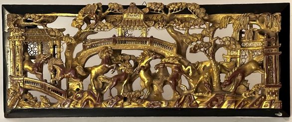 Chinese Wang mu horses fret carved panel 238x612x60mm