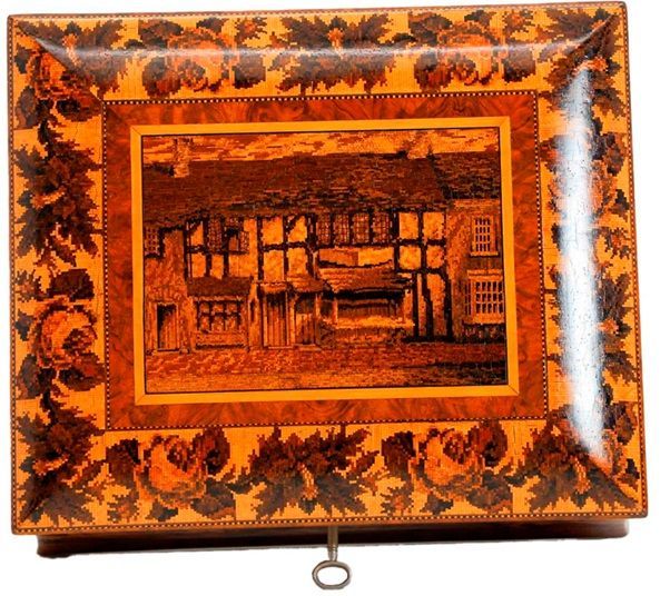 Tunbridge micro mosaic Shakespeare's birth place, stag and hind large box. 264x225x115mm