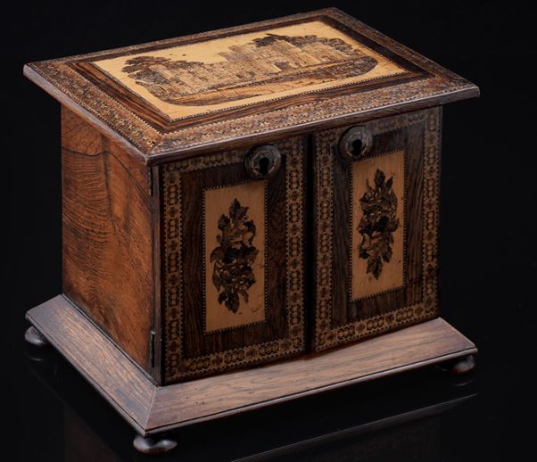 Tunbridge micro mosaic Battle Abbey gatehouse large jewellery four drawer chest 204x157x173mm high