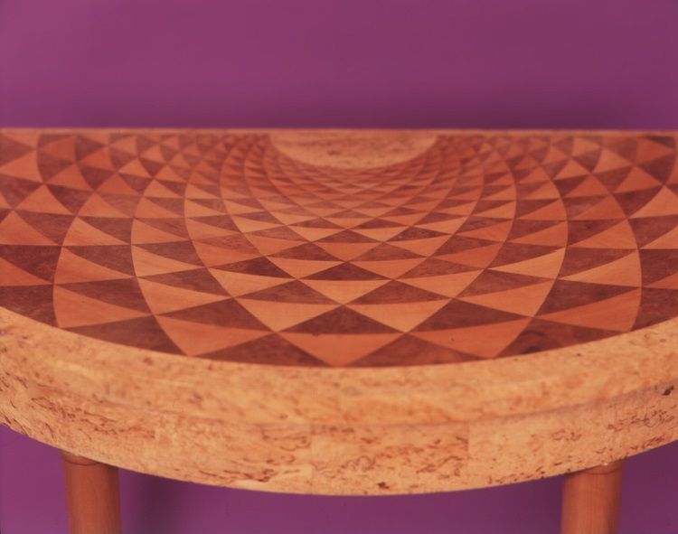 Demi lune radial harlequin hallway/pier table in steamed pear, burr planetree and masur birch. COMMISSION ONLY at present. Demi lune radial harlequin hallway/pier table in steamed pear, burr planetree and masur birch. COMMISSION ONLY at present.