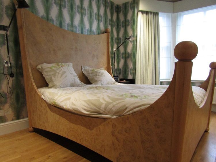 Art deco style splayed panel sleigh bed with turned Lime corner posts and sunburst burr ash panels. COMMISSION ONLY