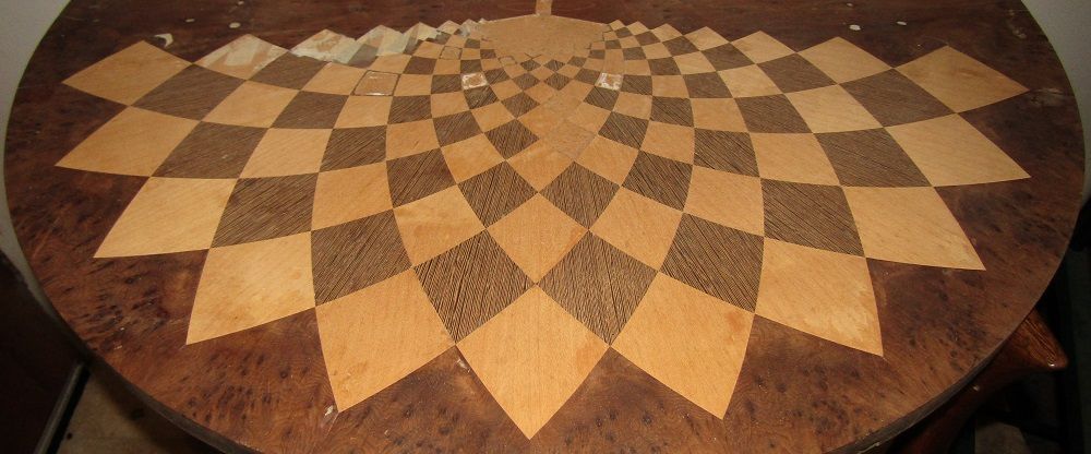 Single radial harlequin hallway/pier table, WORK IN PROGRESS, wenge, burr maple and burr yew tree