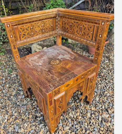 North African marquetry corner chair. WORK IN PROGRESS
