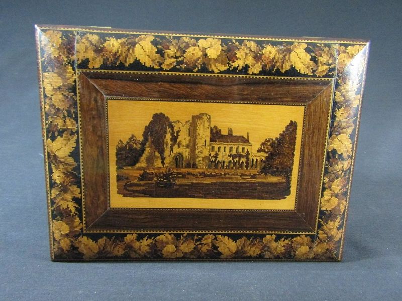 Tunbridge micro mosaic Tonbridge Castle mini writing slope and correspondence box, can re-purposed as jewellery box. 185x248x65mm