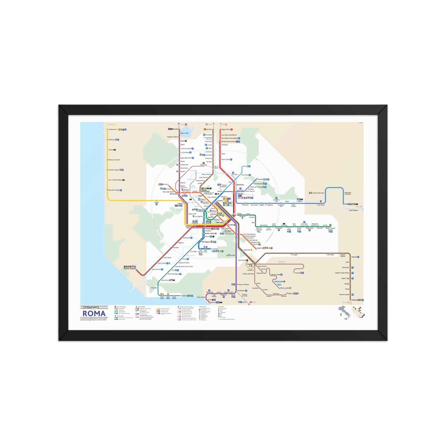 Roma mappa metro + linee suburbane e regionali - poster da parete con cornice