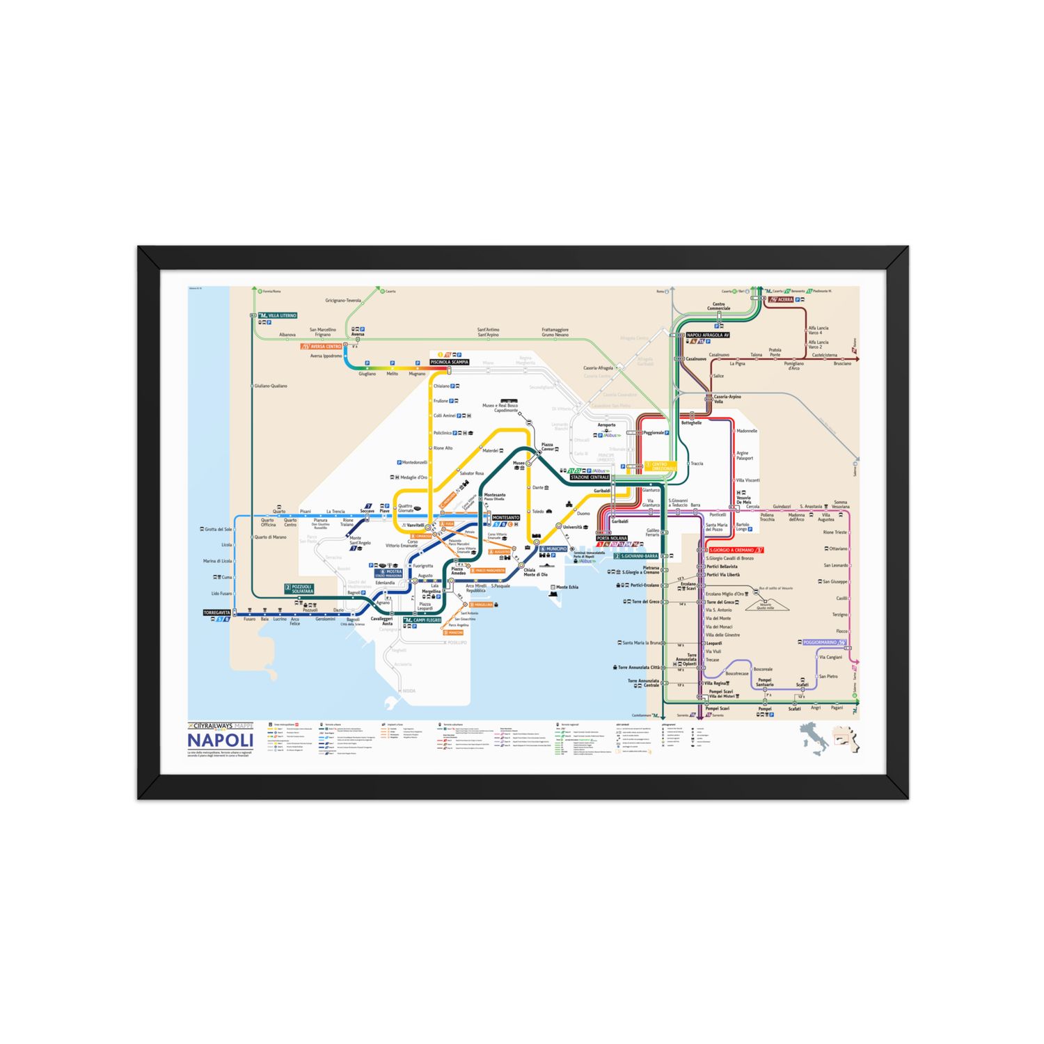 Napoli mappa metro e linee urbane, suburbane - poster da parete con cornice