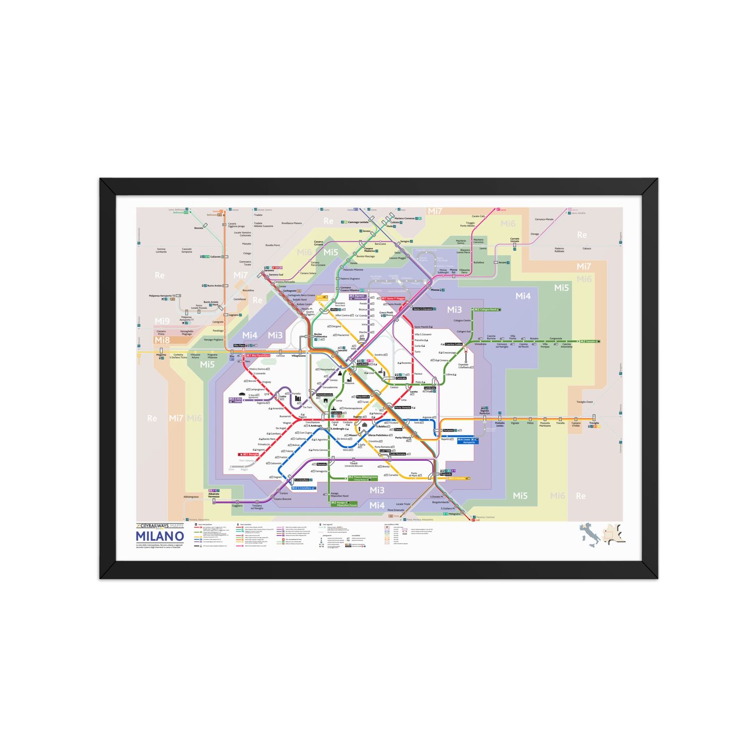 Milano mappa metro e linee suburbane e regionali - poster da parete con cornice