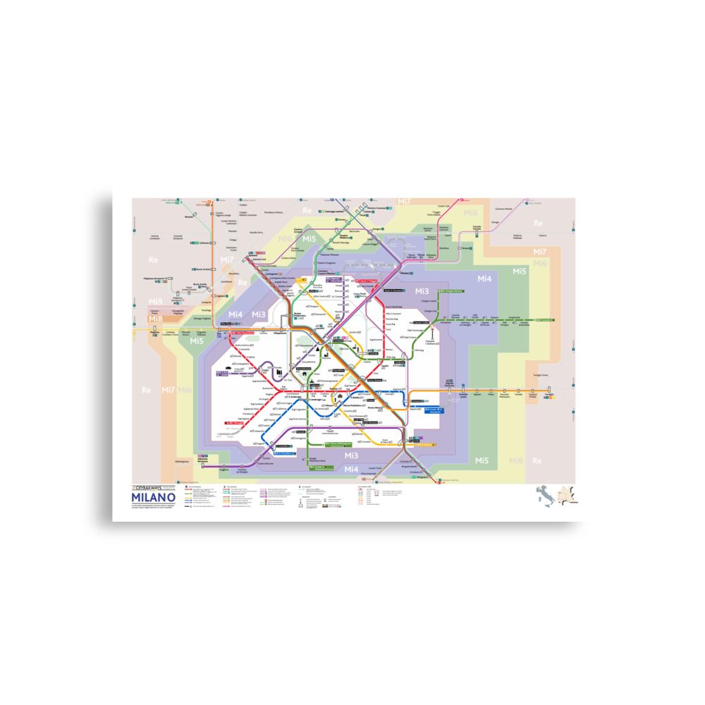 Milano mappa metro e linee suburbane e regionali - poster da parete
