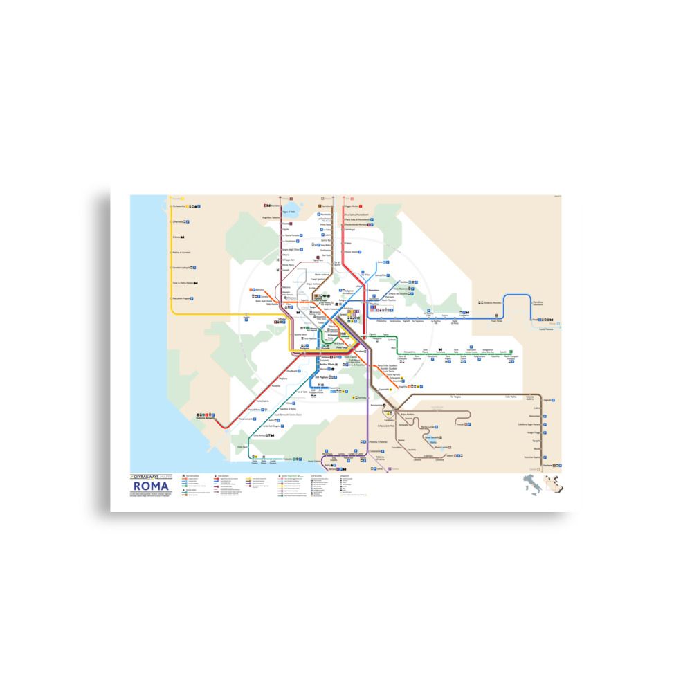 Roma mappa metro + linee suburbane e regionali - poster da parete