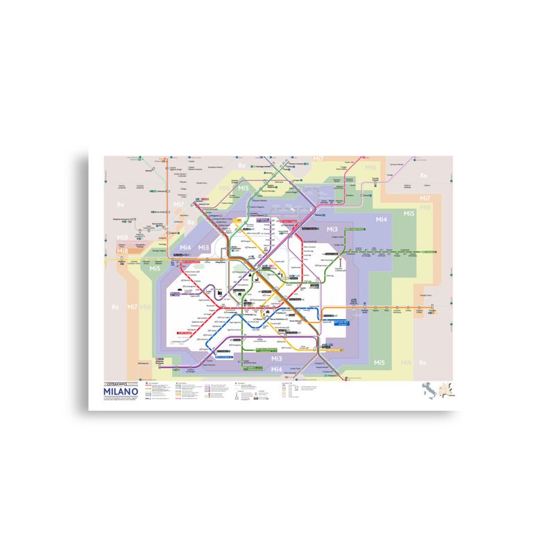 Milan subway map and suburban and regional lines - wall poster Milan subway map and suburban and regional lines - wall poster