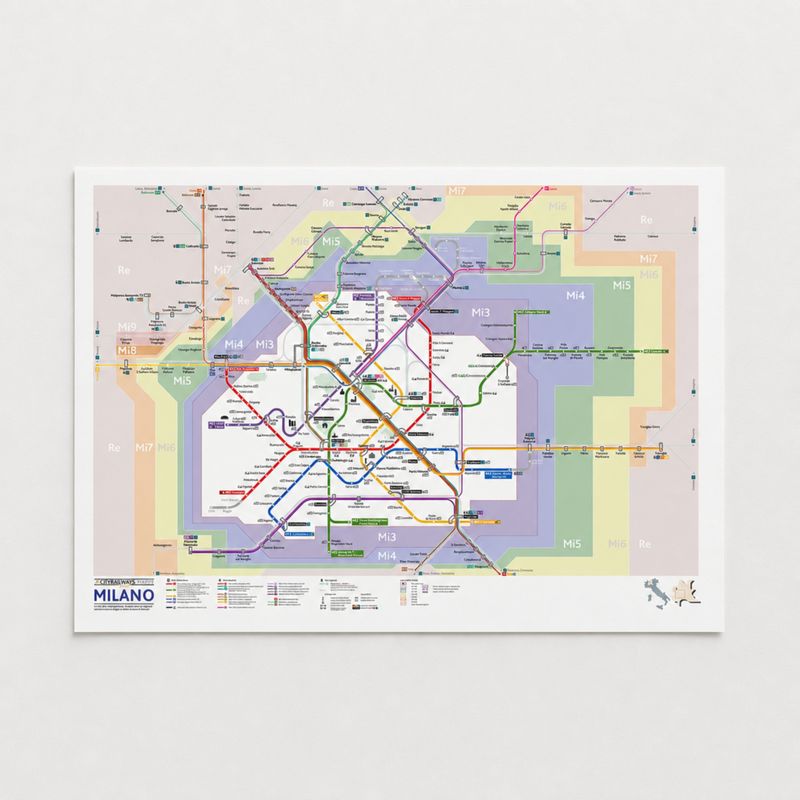 Milano mappa metro e linee suburbane e regionali - poster da parete