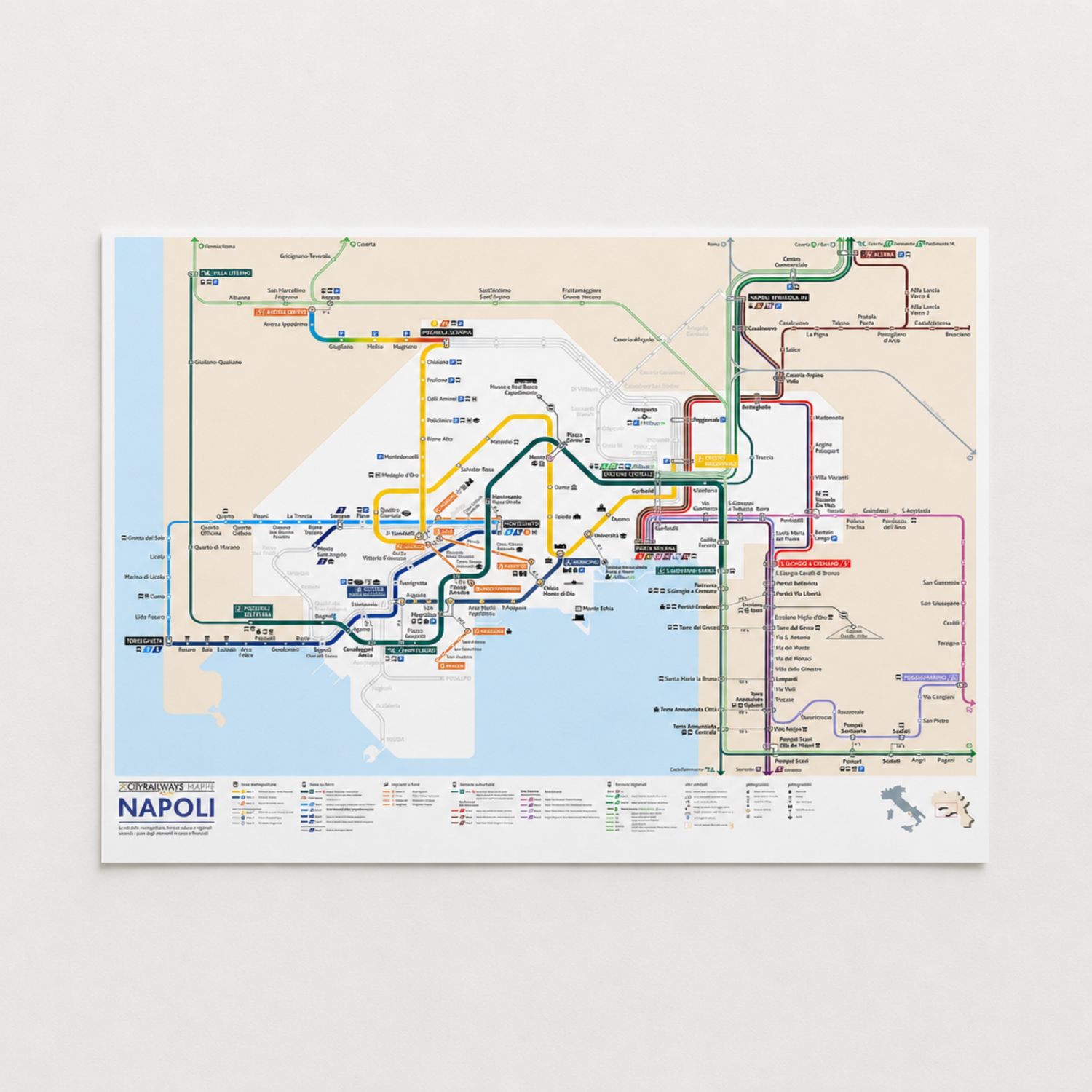 Napoli mappa metro e linee urbane, suburbane - poster da parete Napoli mappa metro e linee urbane, suburbane - poster da parete