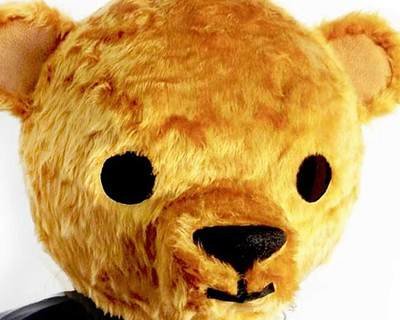 Honey coloured teddy bear mask head hand made by Tentacle Studio