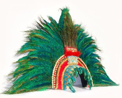 Montezuma Aztec Feather Headdress handmade by Tentacle Studio.