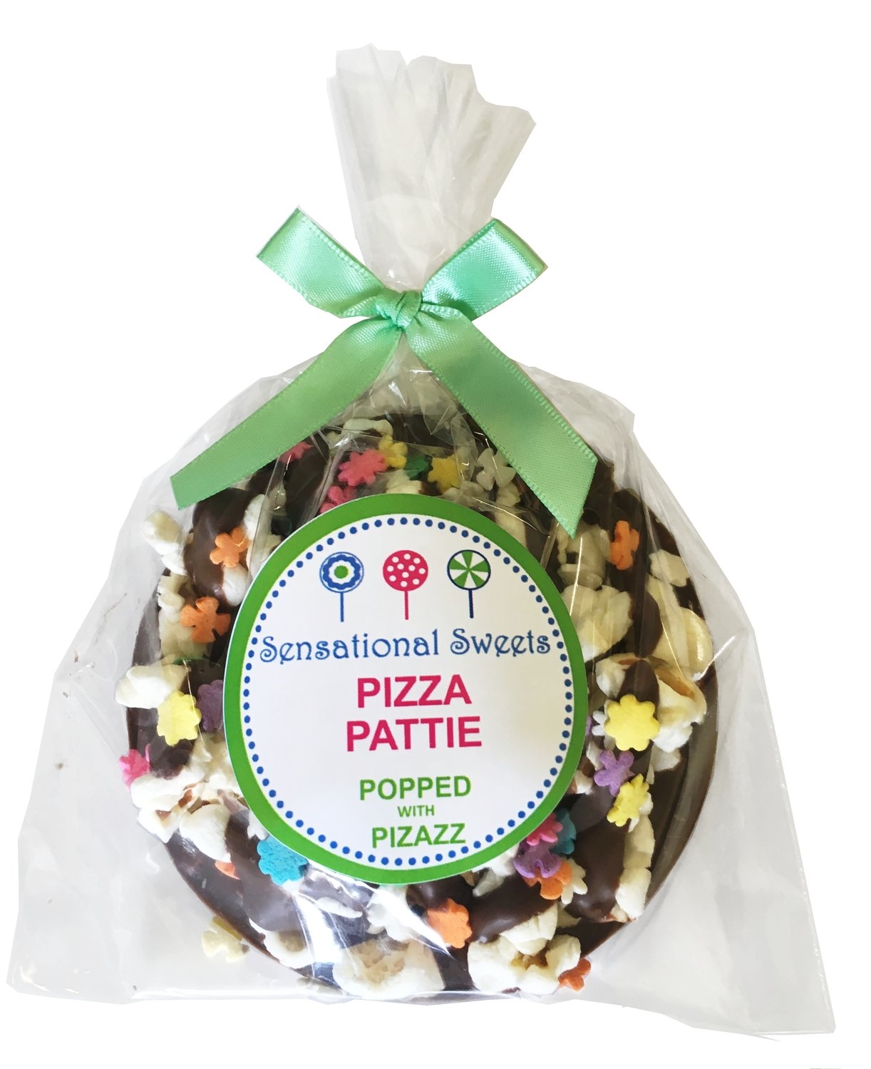 Gourmet Chocolate Pizza Pattie (Decorated) Shown with L/P Label