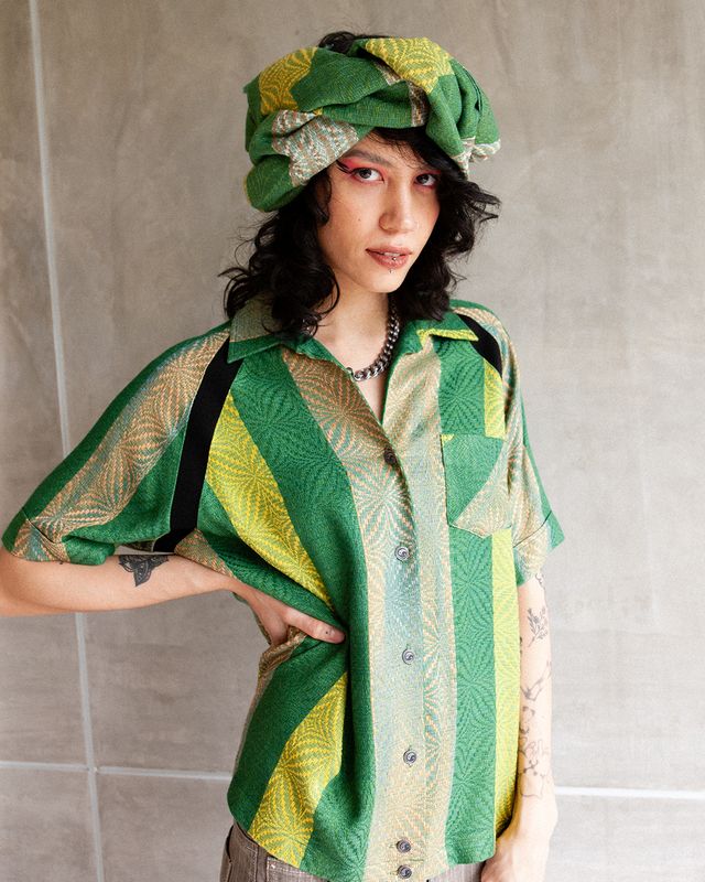W&#39;MENSWEAR BOWLING SHIRT IN HANDWOVEN GREEN STRIPE