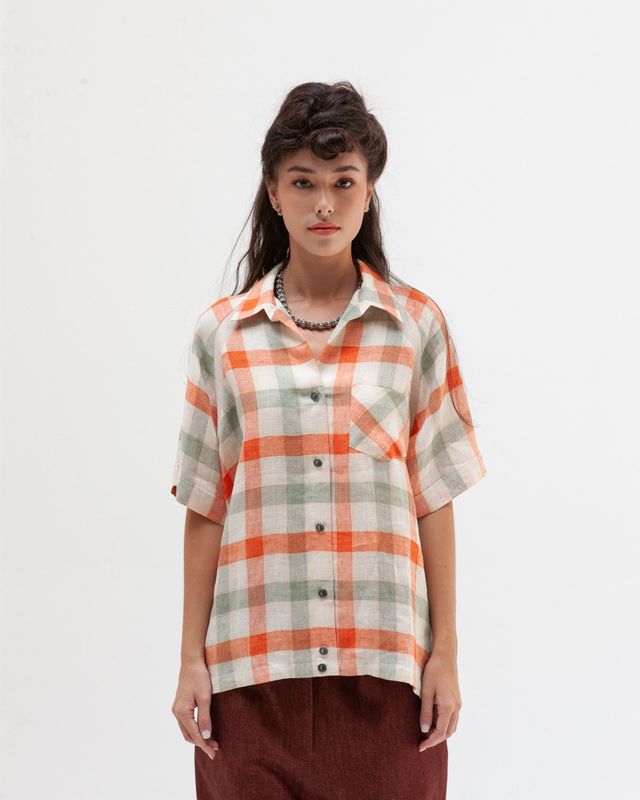 W'MENSWEAR BOWLING SHIRT IN ORANGE CHECK W'MENSWEAR BOWLING SHIRT IN ORANGE CHECK