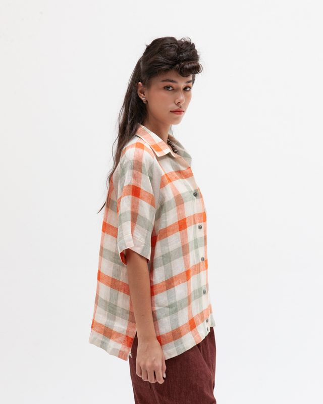 W'MENSWEAR BOWLING SHIRT IN ORANGE CHECK
