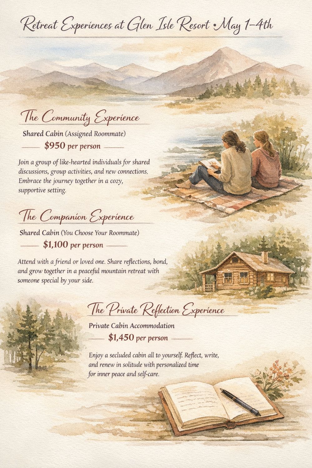 Family Love Letter Retreat flyer showing three experience options and pricing for a May 1–4, 2026 retreat in Bailey, CO
