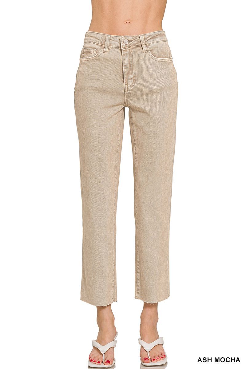 1888 ACID WASHED HIGH WAIST CROPPED STRAIGHT PANTS