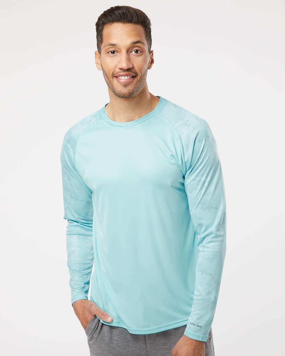 216 UNISEX CAYMAN PERFORMANCE CAMO COLORBLOCK LONG SLEEVE T-SHIRT-AQUA BLUE