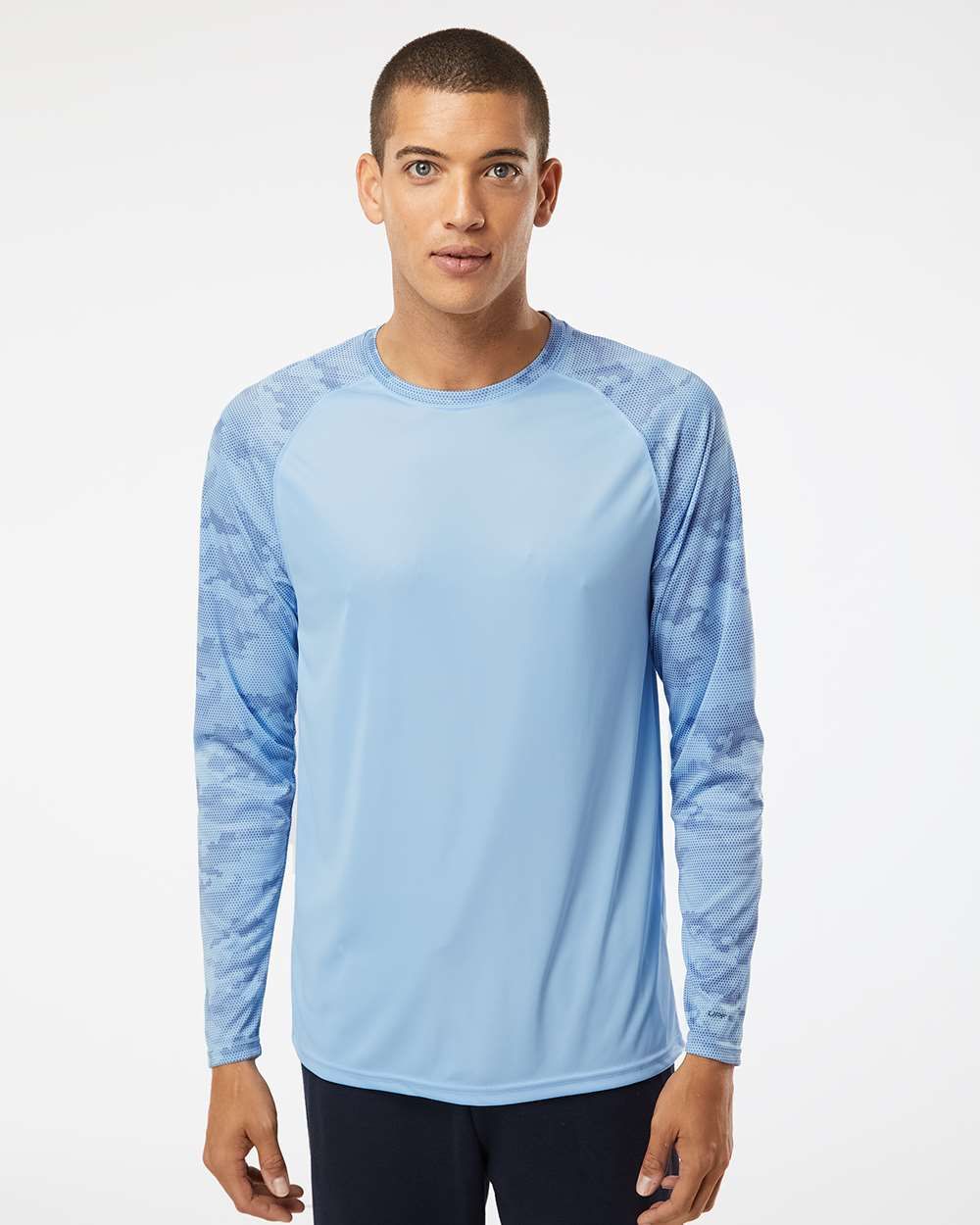 216 UNISEX CAYMAN PERFORMANCE CAMO COLORBLOCK LONG SLEEVE T-SHIRT-BLUE MIST