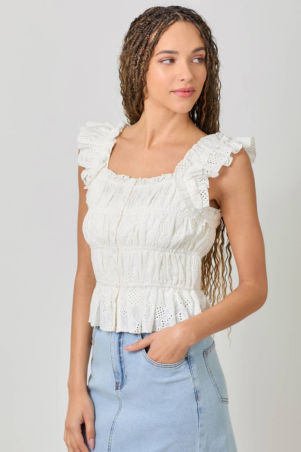 61035 Ruffle Shoulder Ruched Top