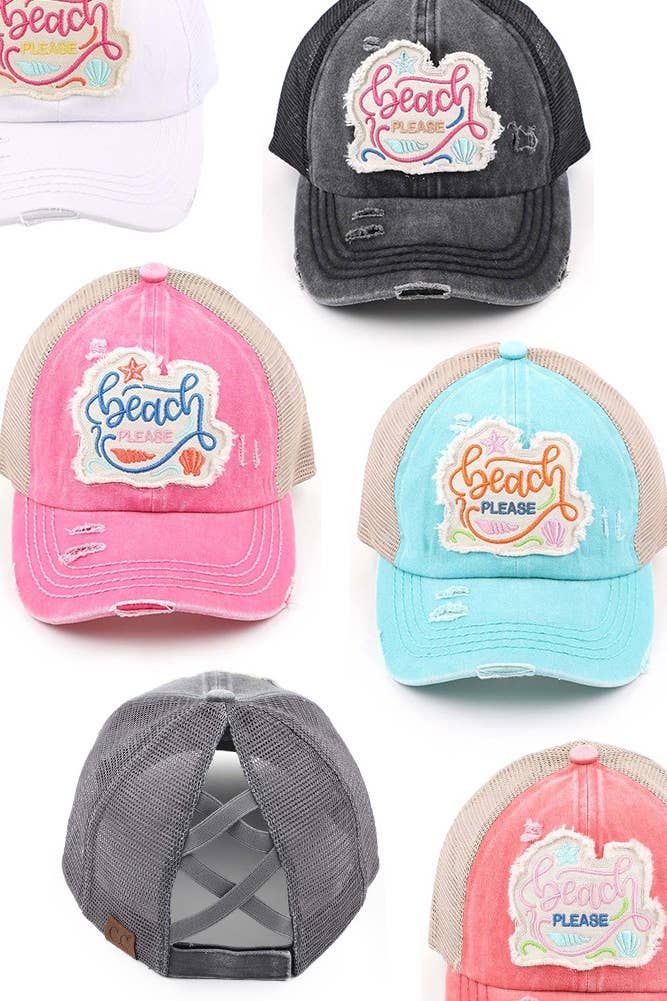 BT1005 BEACH PLEASE DISTRESSED PONY BASEBALL CAP