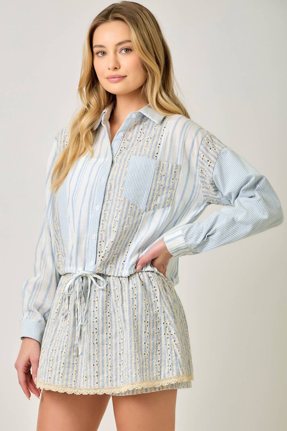 71094 Mixed Stripe Eyelet Lace Blouse