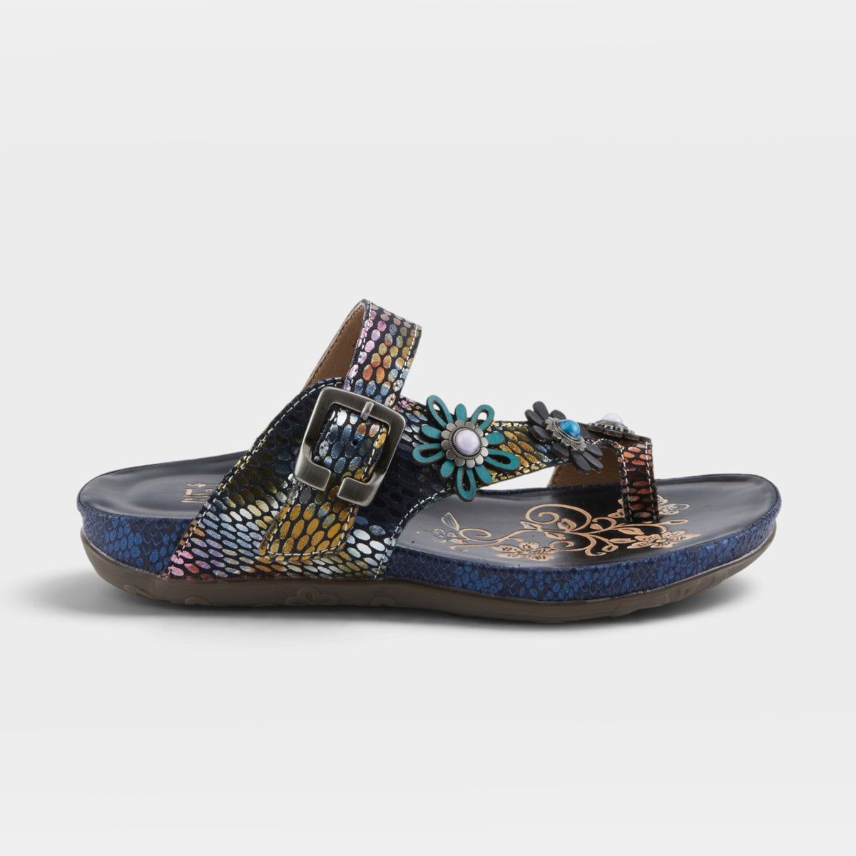 L'Artiste Kindness Snake-Print Leather Slide Sandals | Black Multi