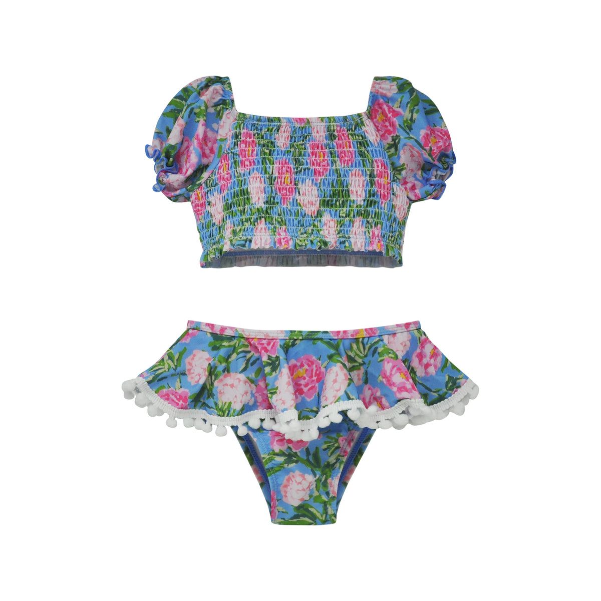 GIRLS UPF50 GEMMA 2 PIECE SMOCKED POM-POM SWIMSUIT-PEONY PATCH