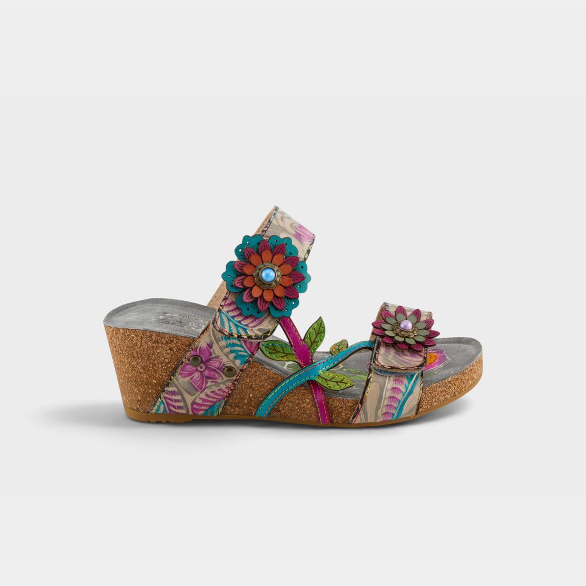 L'Artiste Moai Hand-Painted Leather Slide Sandals | Grey Multi